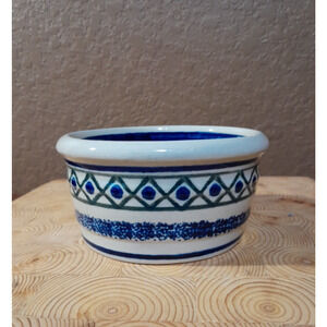 Boleslawiec Polish Pottery 5.25" Bowl Blue White Green Geometric Pattern